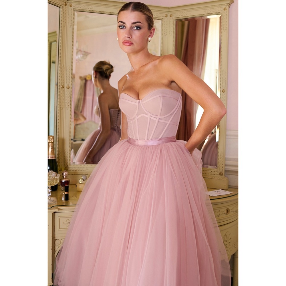 House of CB Darling French Rose Tulle Strapless Midi Dress - Size Medium - Picture 2 of 16